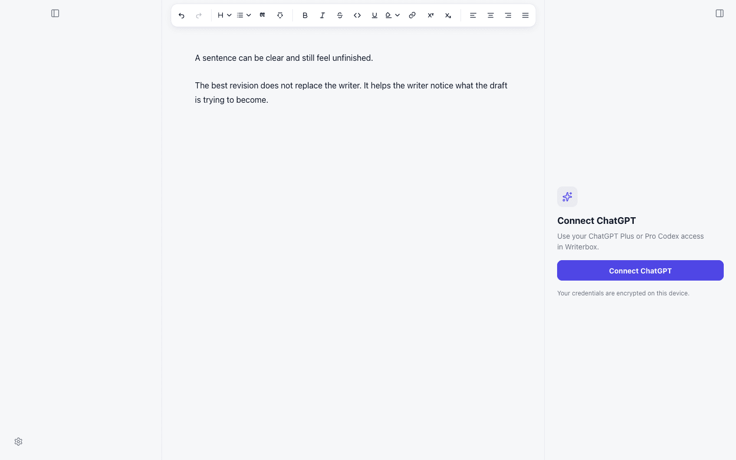 Writerbox editor with formatting controls and ChatGPT connection panel